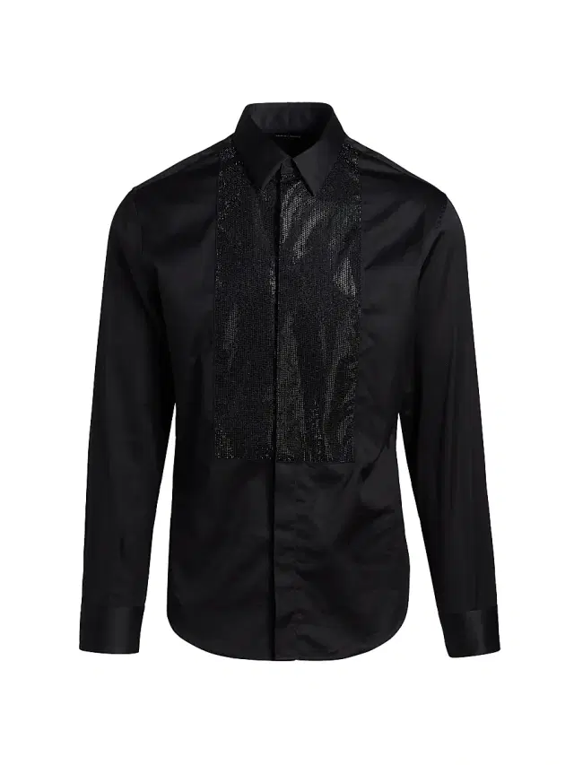 Men's Sequined-Bib Cotton Tux Shirt - Black Beauty