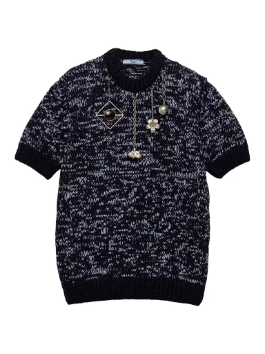 Prada Women's Short-Sleeved Wool Sweater - Blue | Thumbnail 1 Prada Women's Short-Sleeved Wool Sweater - Blue | Thumbnail 1