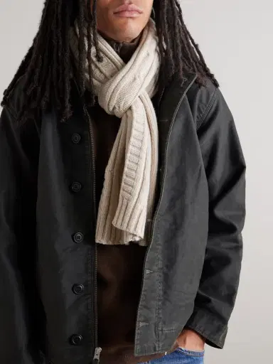 John Smedley Wooton Cable-Knit Recycled-Cashmere and Merino Wool-Blend Scarf - Men | Thumbnail 2 John Smedley Wooton Cable-Knit Recycled-Cashmere and Merino Wool-Blend Scarf - Men | Thumbnail 2