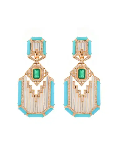 Wish Fine Jewelry 3.79ct Diamond & Emerald & Turquoise 18K Gold Earring | Thumbnail 1 Wish Fine Jewelry 3.79ct Diamond & Emerald & Turquoise 18K Gold Earring | Thumbnail 1