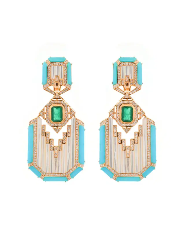 Wish Fine Jewelry 3.79ct Diamond & Emerald & Turquoise 18K Gold Earring