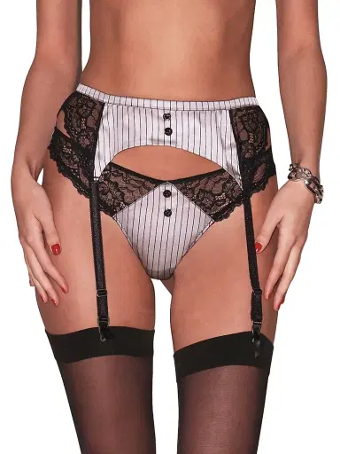 Fleur du Mal Women's Executive Silk & Lace Thong - Ash Pinstripe | Thumbnail 3 Fleur du Mal Women's Executive Silk & Lace Thong - Ash Pinstripe | Thumbnail 3