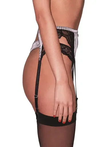 Fleur du Mal Women's Executive Silk & Lace Thong - Ash Pinstripe | Thumbnail 4 Fleur du Mal Women's Executive Silk & Lace Thong - Ash Pinstripe | Thumbnail 4