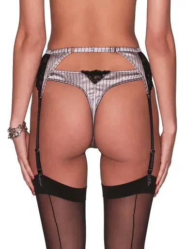 Fleur du Mal Women's Executive Silk & Lace Thong - Ash Pinstripe | Thumbnail 5 Fleur du Mal Women's Executive Silk & Lace Thong - Ash Pinstripe | Thumbnail 5