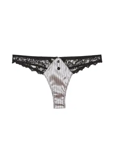 Fleur du Mal Women's Executive Silk & Lace Thong - Ash Pinstripe | Thumbnail 1 Fleur du Mal Women's Executive Silk & Lace Thong - Ash Pinstripe | Thumbnail 1