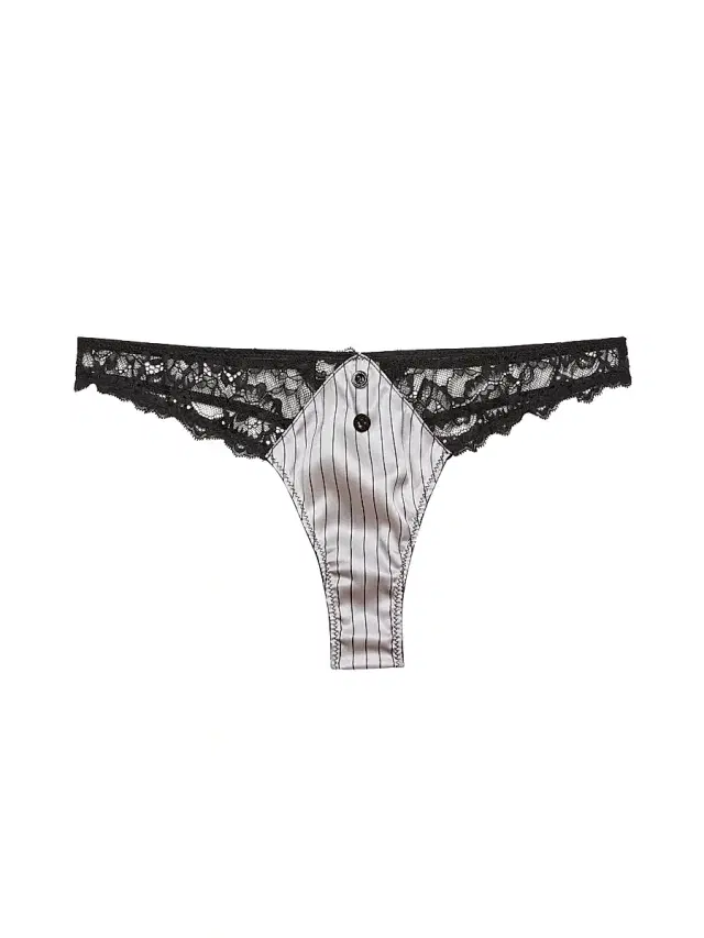 Women's Executive Silk & Lace Thong - Ash Pinstripe