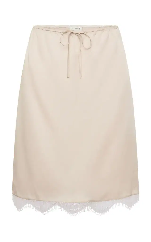 Lace-Trimmed Silk Midi Drawstring Skirt