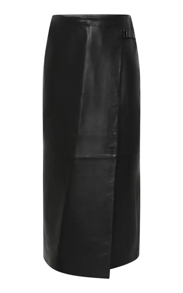 Wrap-Front Leather Midi Skirt