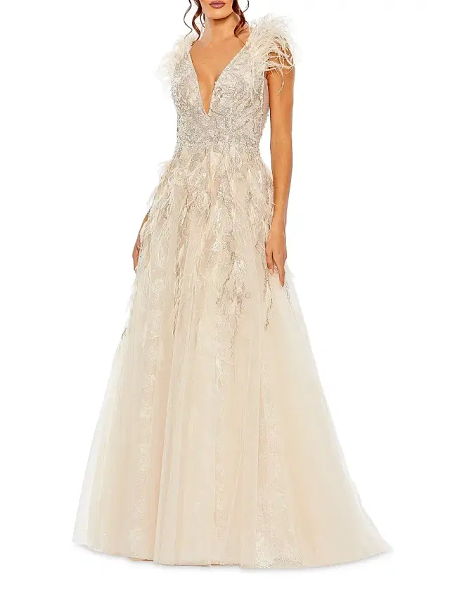 Women's Embellished Feathered Fit-and-Flare Gown - Beige