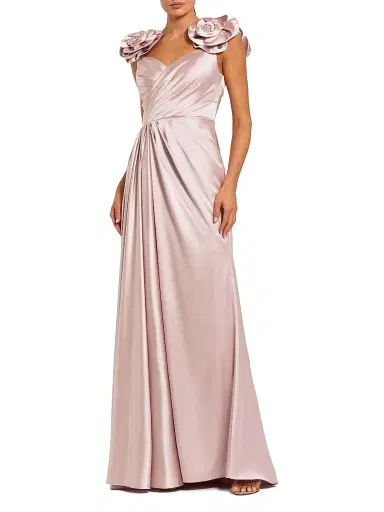 Mac Duggal Women's Rosette-Appliqué Satin Wrap-Style A-Line Gown - Rose | Thumbnail 1