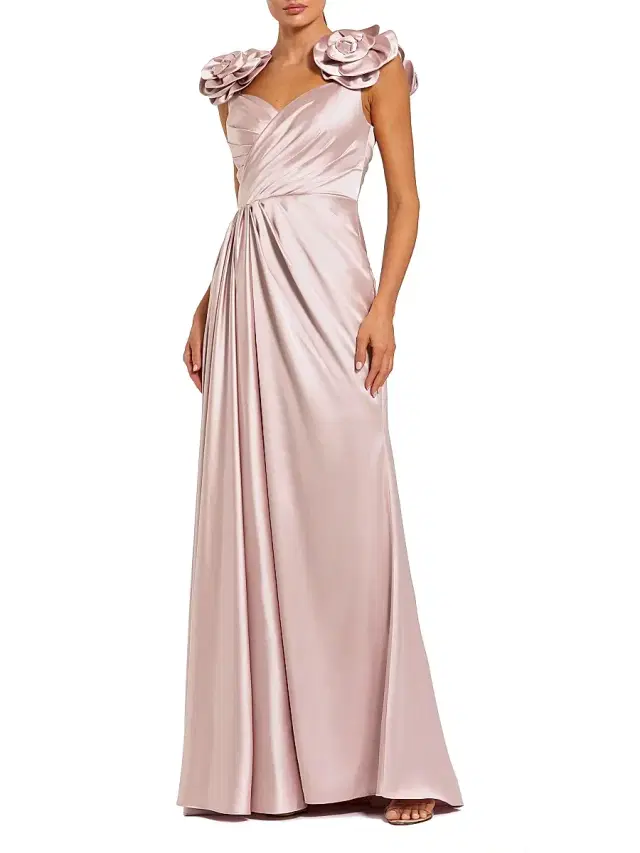 Women's Rosette-Appliqué Satin Wrap-Style A-Line Gown - Rose Women's Rosette-Appliqué Satin Wrap-Style A-Line Gown - Rose