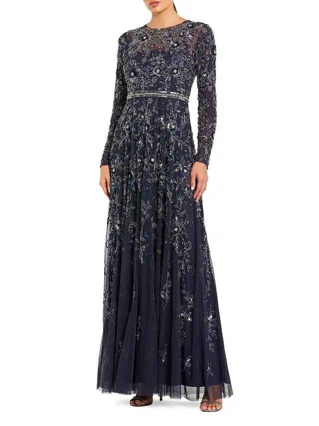 Mac Duggal Women's Floral-Embellished Mesh A-Line Gown - Midnight