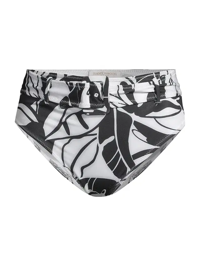 Ramy Brook Women's Charley Palm Belted Bikini Bottom - Black White