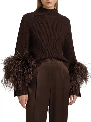 Lapointe Women's Wool Feather-Cuff Sweater - Dark Brown - Size Medium | Thumbnail 3