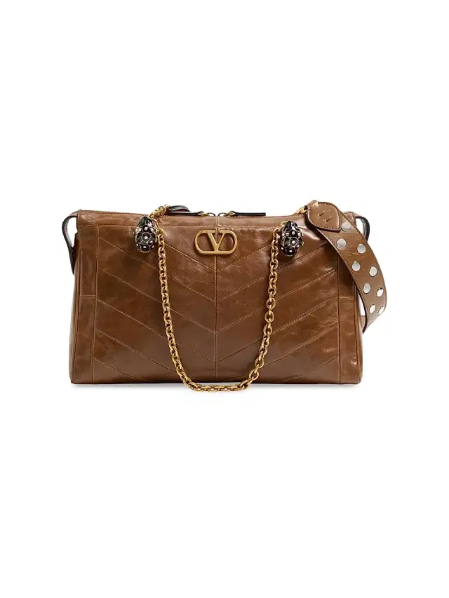 Valentino Garavani Women's Panthea Shoulder Bag in Nappa Leather with Chevron Pattern - Tundra