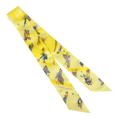 HERMÈS Hermes "Ex-Libris Les Parisie" Jaune Soufre and Gris Silk Twilly | Thumbnail 2