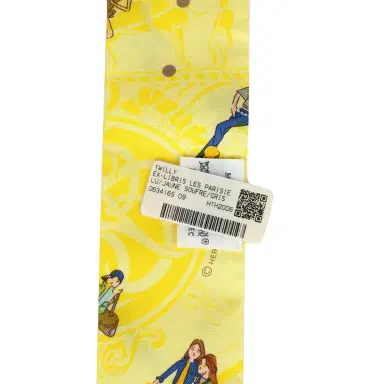 HERMÈS Hermes "Ex-Libris Les Parisie" Jaune Soufre and Gris Silk Twilly | Thumbnail 3