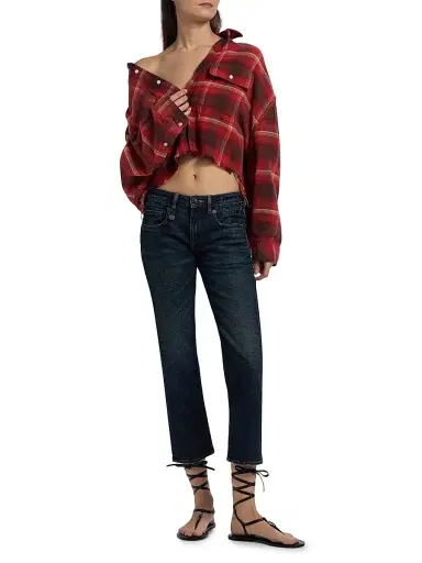 R13 Women's Plaid Cotton Crop Shirt - Red Black Cream Plaid - Size Large | Thumbnail 2
