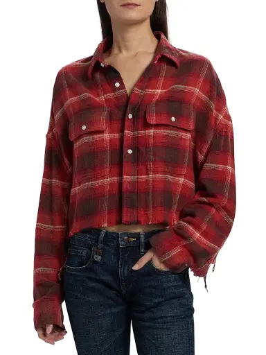 R13 Women's Plaid Cotton Crop Shirt - Red Black Cream Plaid - Size Large | Thumbnail 3