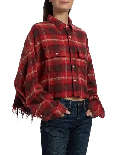R13 Women's Plaid Cotton Crop Shirt - Red Black Cream Plaid - Size Large | Thumbnail 4
