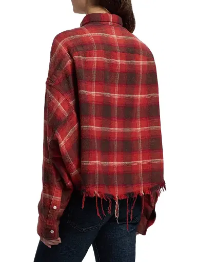 R13 Women's Plaid Cotton Crop Shirt - Red Black Cream Plaid - Size Large | Thumbnail 5