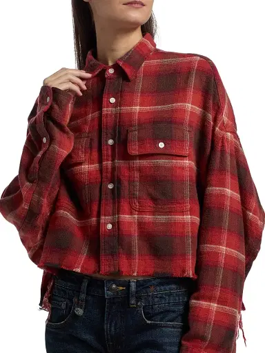 R13 Women's Plaid Cotton Crop Shirt - Red Black Cream Plaid - Size Large | Thumbnail 6