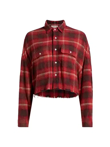 R13 Women's Plaid Cotton Crop Shirt - Red Black Cream Plaid - Size Large | Thumbnail 1