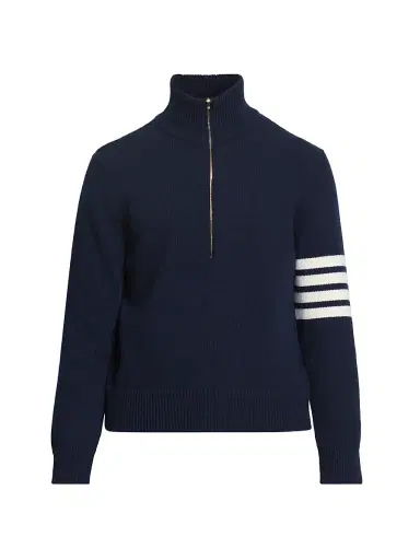 Thom Browne Men's 4-Bar Stripe Virgin Wool Half-Zip Sweater - Navy - Size Medium | Thumbnail 1 Thom Browne Men's 4-Bar Stripe Virgin Wool Half-Zip Sweater - Navy - Size Medium | Thumbnail 1