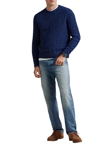 Polo Ralph Lauren Men's Wool-Blend & Suede Cable-Knit Sweater - Midnight Navy Heather - Size XXL | Thumbnail 2