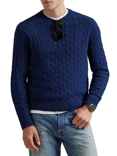 Polo Ralph Lauren Men's Wool-Blend & Suede Cable-Knit Sweater - Midnight Navy Heather - Size XXL | Thumbnail 3