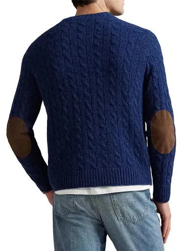 Polo Ralph Lauren Men's Wool-Blend & Suede Cable-Knit Sweater - Midnight Navy Heather - Size XXL | Thumbnail 4