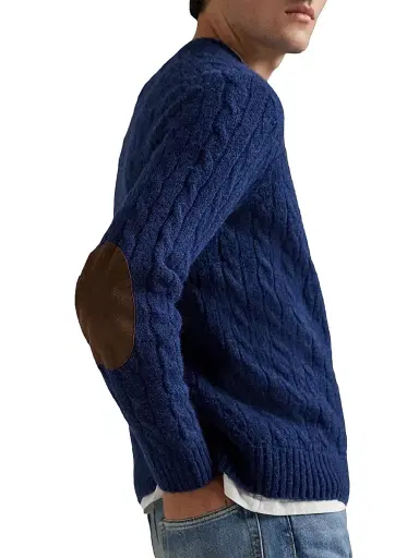 Polo Ralph Lauren Men's Wool-Blend & Suede Cable-Knit Sweater - Midnight Navy Heather - Size XXL | Thumbnail 5
