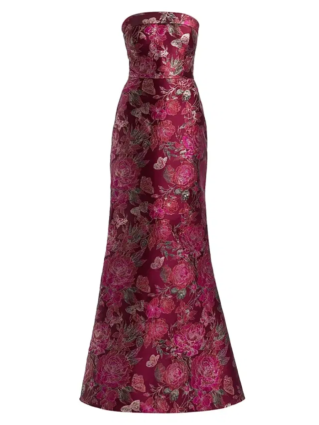 Theia Women's Haven Jacquard Strapless Gown - Barley Scarlet