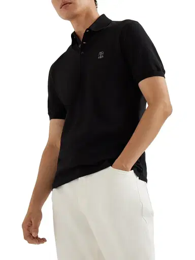 Brunello Cucinelli Men's Cotton Piqué Polo Shirt with Logo - Black | Thumbnail 2