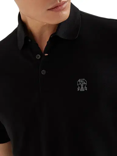 Brunello Cucinelli Men's Cotton Piqué Polo Shirt with Logo - Black | Thumbnail 4