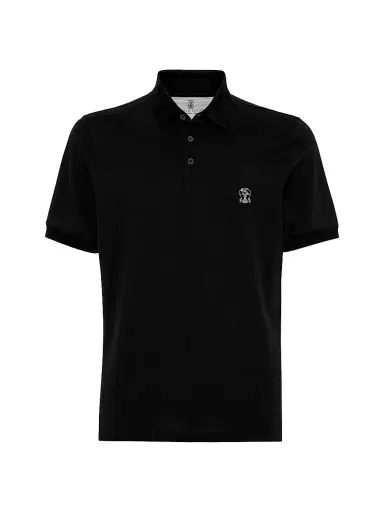 Brunello Cucinelli Men's Cotton Piqué Polo Shirt with Logo - Black | Thumbnail 1