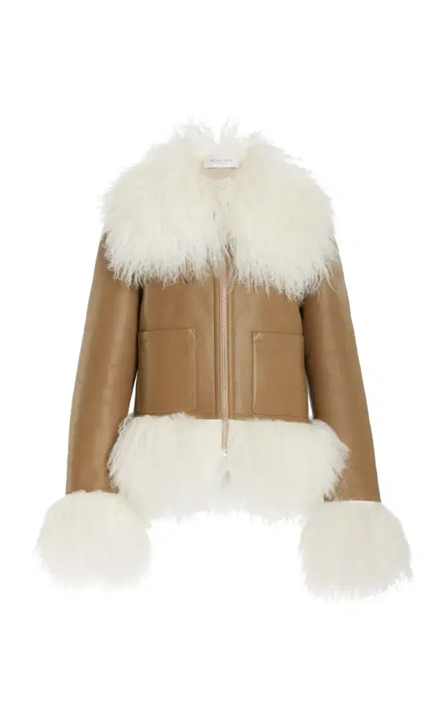 Shearling-Trimmed Leather Moto Jacket