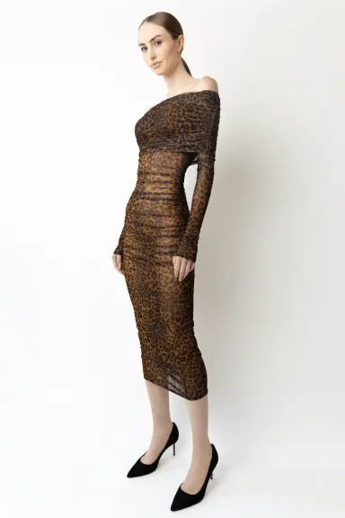 Lapointe Printed Mesh Off Shoulder Midi Dress | Thumbnail 3 Lapointe Printed Mesh Off Shoulder Midi Dress | Thumbnail 3