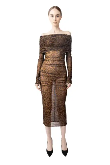 Lapointe Printed Mesh Off Shoulder Midi Dress | Thumbnail 1 Lapointe Printed Mesh Off Shoulder Midi Dress | Thumbnail 1