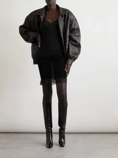 Saint Laurent Lace-trimmed Ribbed Silk-jersey Mini Dress | Thumbnail 2