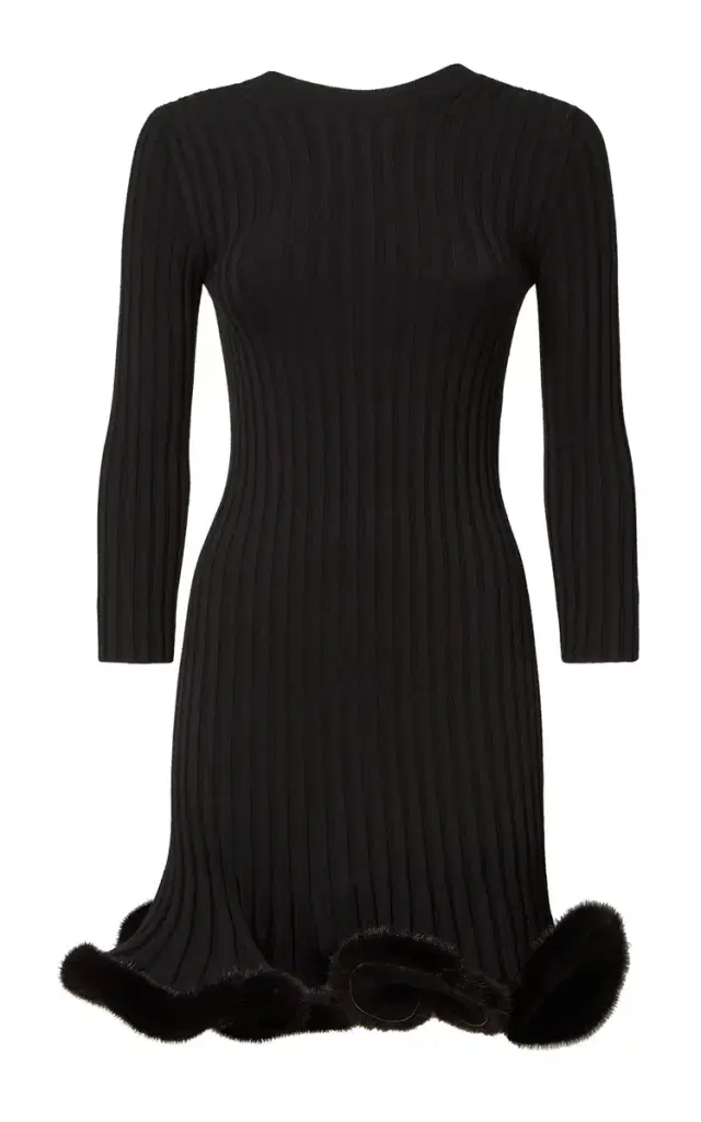 Fur-Trimmed Ribbed-Knit Wool Mini Dress - Black