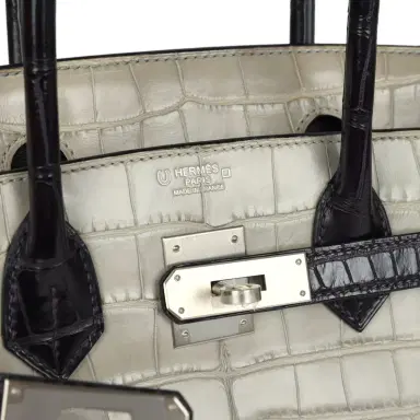 HERMÈS Pre-owned Hermes Special Order (HSS) Birkin 30 Gris Perle and Prunoir Matte Alligator Brushed Palladium Hardware | Thumbnail 7 HERMÈS Pre-owned Hermes Special Order (HSS) Birkin 30 Gris Perle and Prunoir Matte Alligator Brushed Palladium Hardware | Thumbnail 7