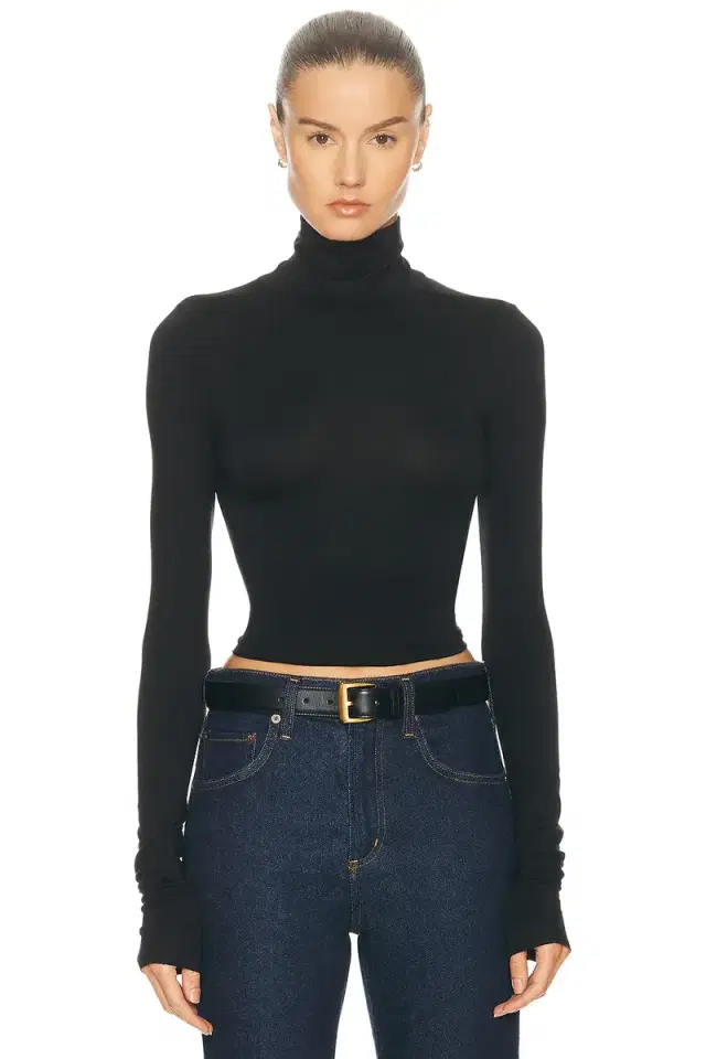 Eterne Cropped Fitted Turtleneck Soft Jersey Top