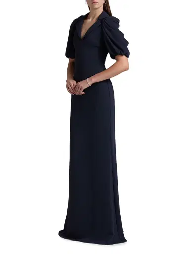 Badgley Mischka Women's Crepe Puff-Sleeve Evening Gown - Navy | Thumbnail 4 Badgley Mischka Women's Crepe Puff-Sleeve Evening Gown - Navy | Thumbnail 4