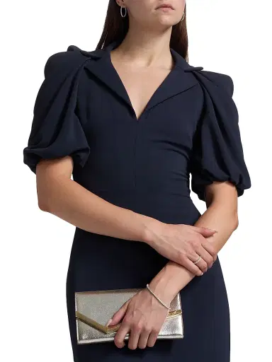 Badgley Mischka Women's Crepe Puff-Sleeve Evening Gown - Navy | Thumbnail 6 Badgley Mischka Women's Crepe Puff-Sleeve Evening Gown - Navy | Thumbnail 6