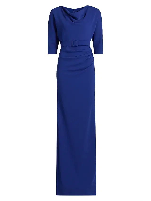 Badgley Mischka Women's Draped Belted Cowlneck Gown - Cobalt