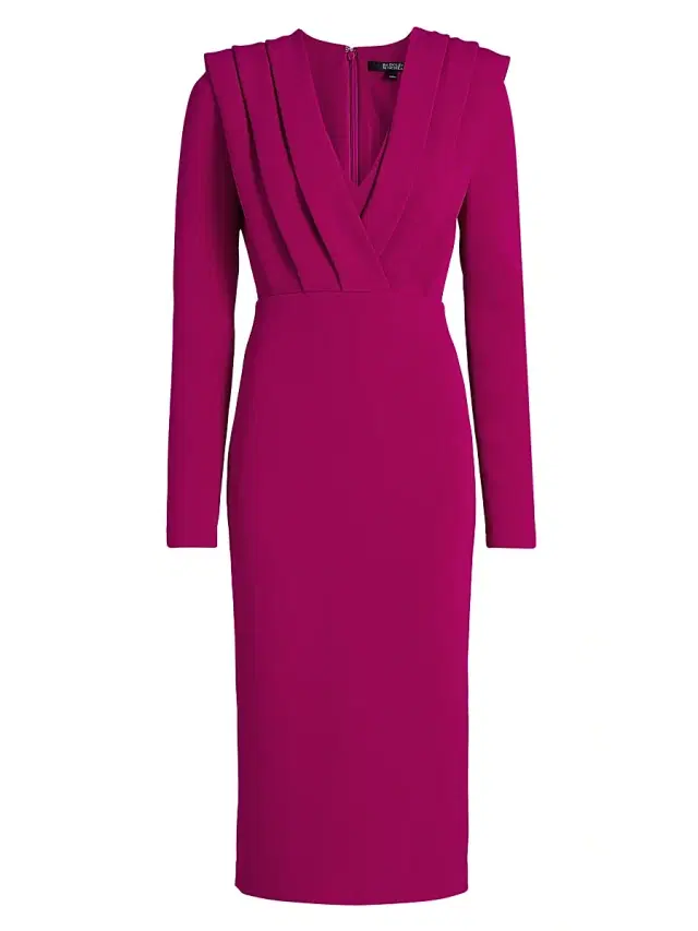 Badgley Mischka Women's Pleated Stretch Crepe V-Neck Midi-Dress - Raspberry