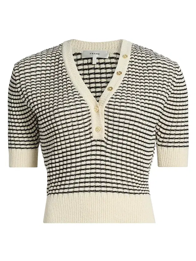 FRAME Women's Striped V-Neck Short-Sleeve Sweater - Cream Multi