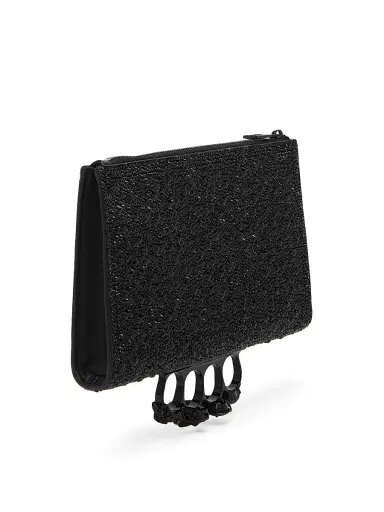 Alexander McQueen Women's Knuckle Embellished Leather Flat Pouch - Black | Thumbnail 3
