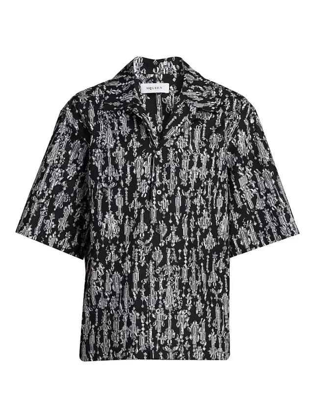 McQueen Men's Rhinestone Print Cotton Hawaiian Shirt - Black